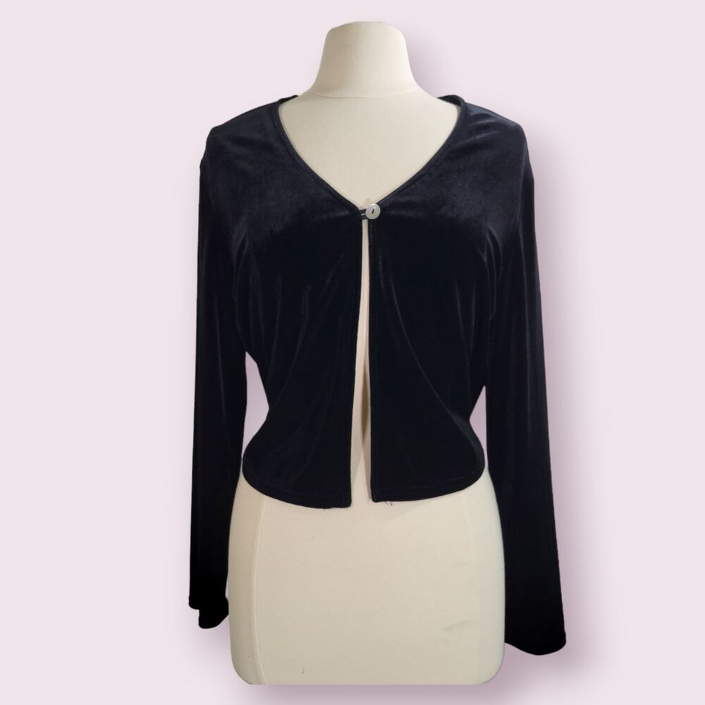 Vintage ROBBIE BEE Velvet One Button Cardigan Sz L Long Sleeve Cropped Velour